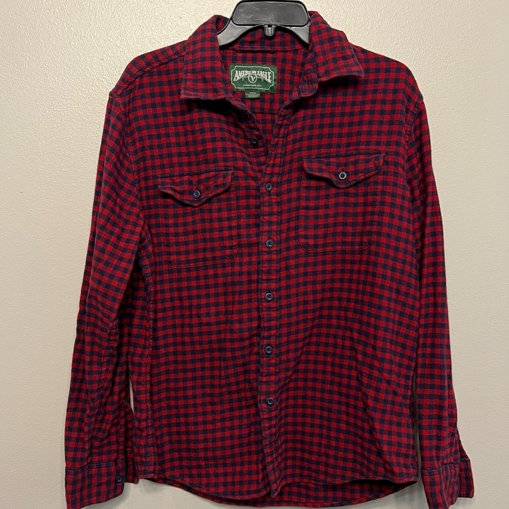 American Eagle Y2K Mens Medium Red and Blue‎ Checkered Button Down Shirt